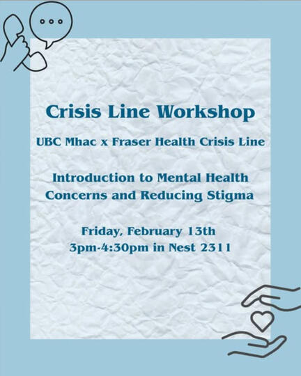 A poster with a graphic of a hand holding a telephone with a speech bubble coming out of it in the top left corner and a graphic of two hands cupping a heart in the right bottomo corner advertising a collobrative Crisis Line Workshop event between UBC MHAC