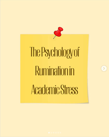 A pale yellow poster with a graphic of a red thumbtack pinning a darker yellow sticky note with the text "The Psychology of Rumination in Academic Stress".